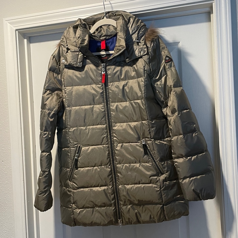 Bogner Down Pewter Bronze/Silver Puffer Coat Raccoon Fur Trim Large